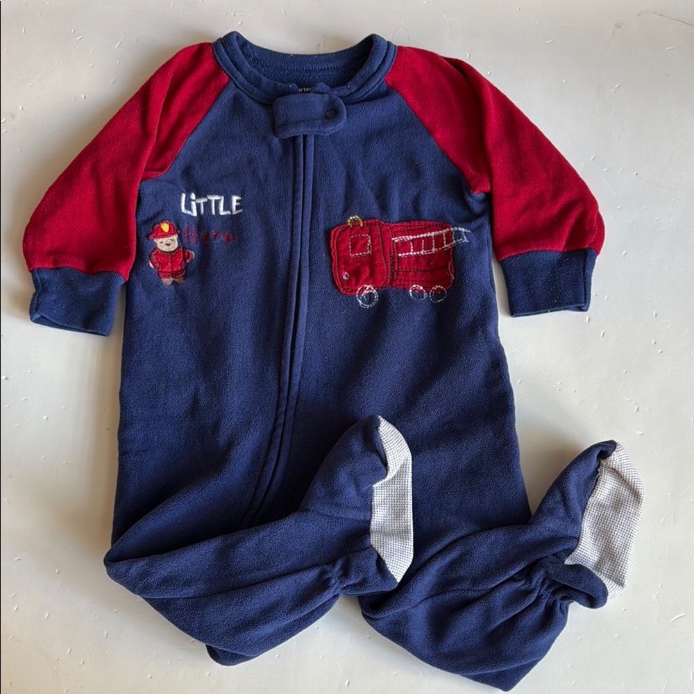 Carter’s “Little Hero” Firetruck Bear One Piece Footed PJs 12 months